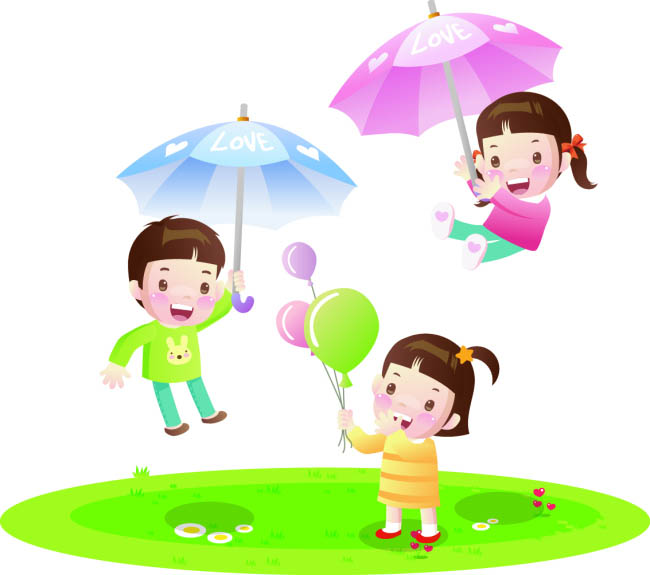 打着雨伞，各种卡通儿童动漫形象，动作设计