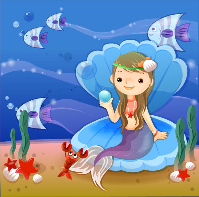 海底的美人鱼，卡通儿童，插画刊物设计，海底世界