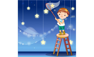 星空中捕捉星星的小女孩卡通形象插画设计