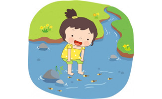 小朋友卡通形象在河水里面捕鱼场景设计