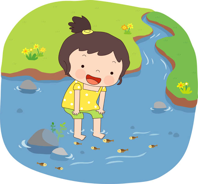 小朋友，卡通形象，在河水里面捕鱼，场景设计