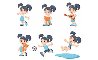 小女孩课余活动各种运动动作设计矢量素材