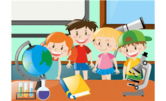 地理课程卡通儿童正在学习地理课的场景