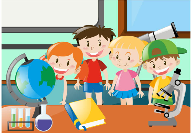 地理课程，卡通儿童，正在学习地理课的场景，地球仪，望远镜