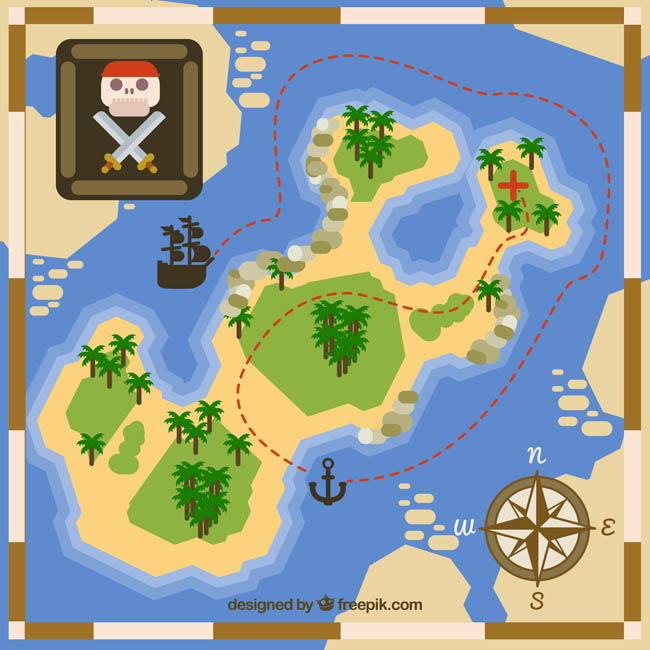 海盗寻宝地图，宝藏扁平化地图设计