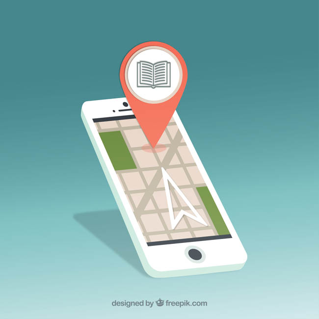手机导航软件界面、地图上清楚标注、书店的位置
