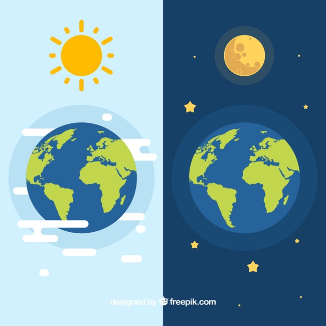 扁平化、地球与太阳、地球与月亮、地球与日月设计