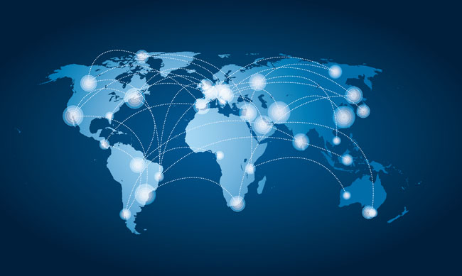 蓝色高科技感背景、世界地图、全球互联网信息、世界科技公司