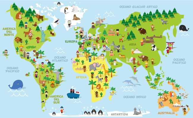 世界地图、显示的各种地区、旅游景点、特色标注