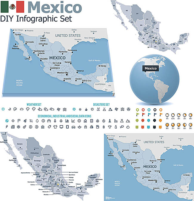 墨西哥地图、地球上位置显示、矢量素材