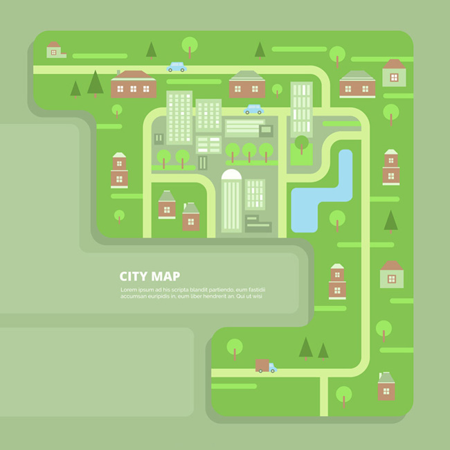 扁平化城市、交通绿化建设、地图设计矢量素材