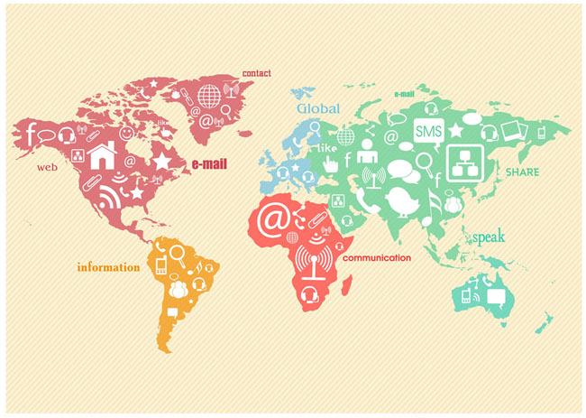 世界地图、各种社交媒体图标设计素材