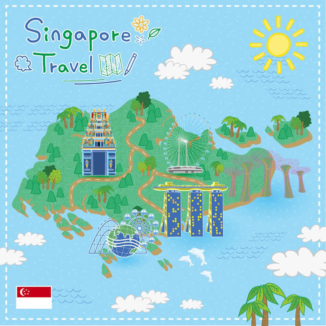 手绘卡通新加坡旅游地图旅游景点设计素材