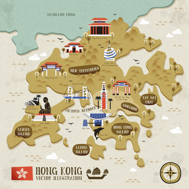 矢量香港旅游地图立体感香港地图设计素材