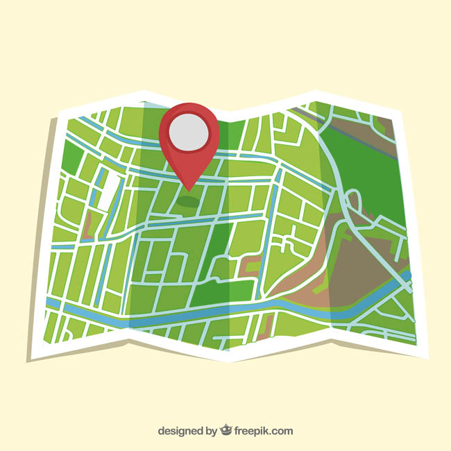 手绘折纸效果、红色导航图标、街道地图