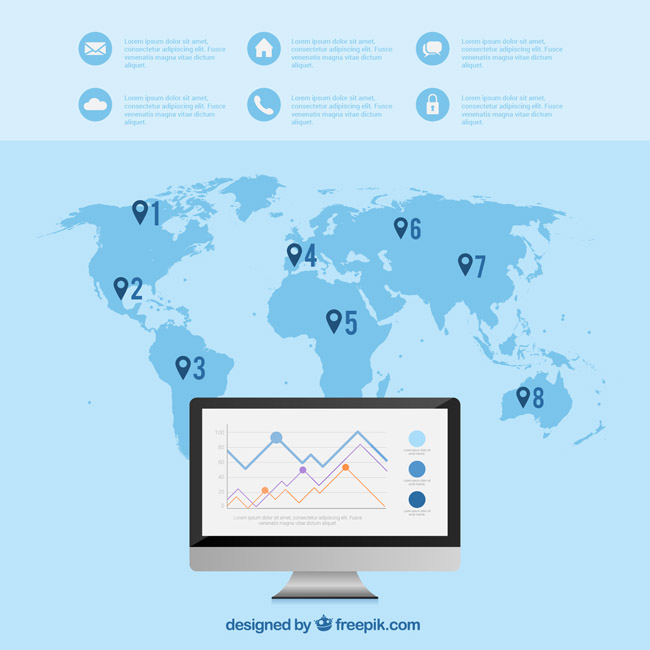 蓝色世界地图背景、电脑数据、跟踪经济素材