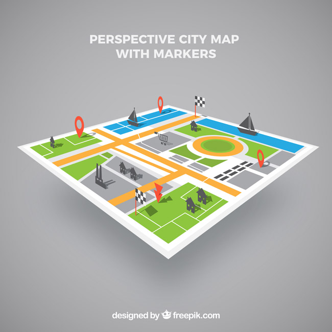 立体平视城市地图、各种标注标签、图标设计