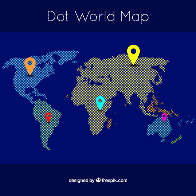 用点组成的世界地图、定位图标、位置图标设计