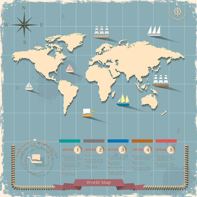 世界地图、复古风格航、海航线图标设计、矢量素材