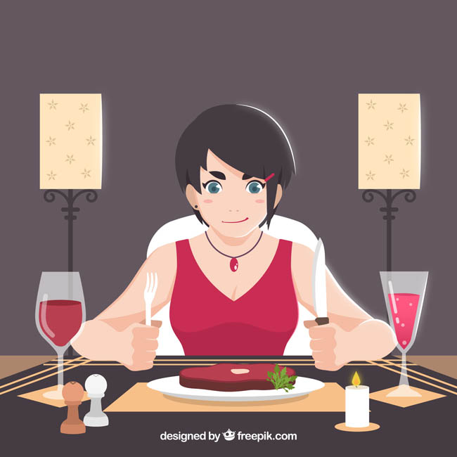 准备吃牛排的美女、卡通人物表情设计 准备吃牛排的美女、卡通人物表情设计