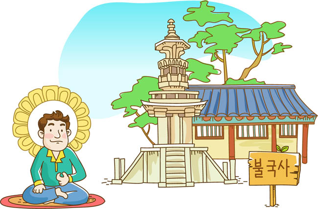 手绘漫画人物在寺庙旁打坐修行场景设计