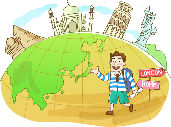 漫画男子出国旅游世界著名建筑物背景 漫画男子出国旅游世界著名建筑物背景