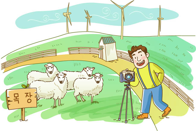 漫画手绘羊群旁拍照的男子