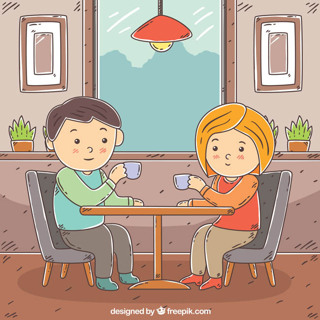 夫妻两人在桌子上喝茶的动作漫画设计