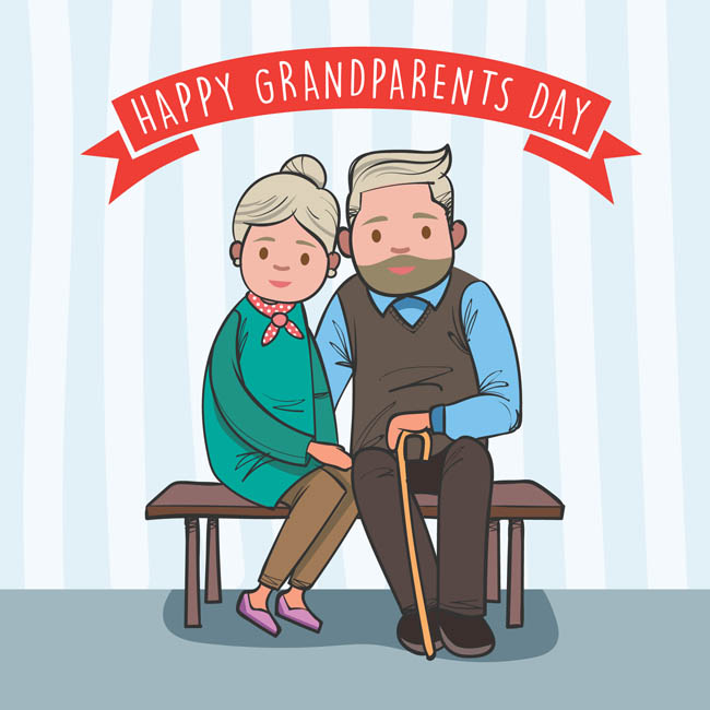 坐在一起拍照的爷爷奶奶卡通动漫形象设计
