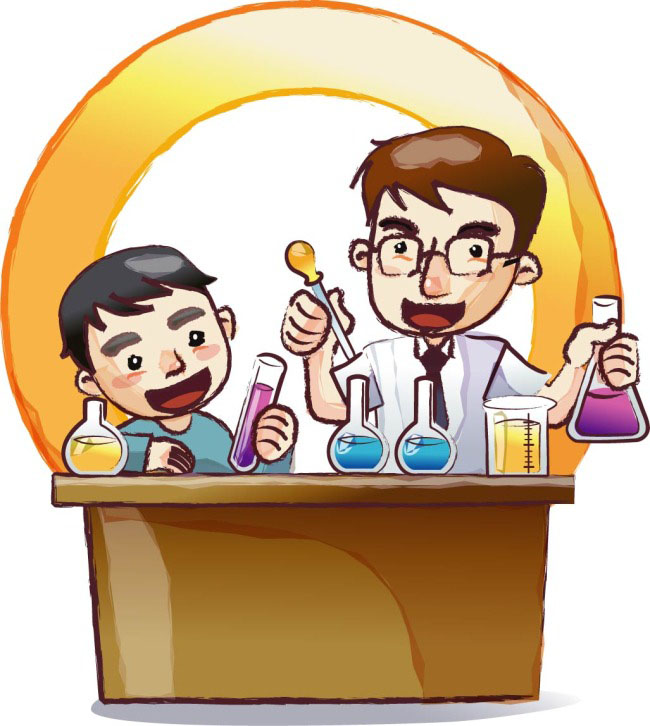 手绘卡通儿童正在和老师一起做实验的场景设计 手绘卡通儿童正在和老师一起做实验的场景设计