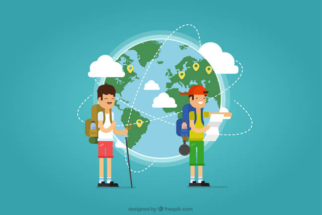 扁平化人物一起出行旅游的朋友背景世界地图 扁平化人物一起出行旅游的朋友背景世界地图