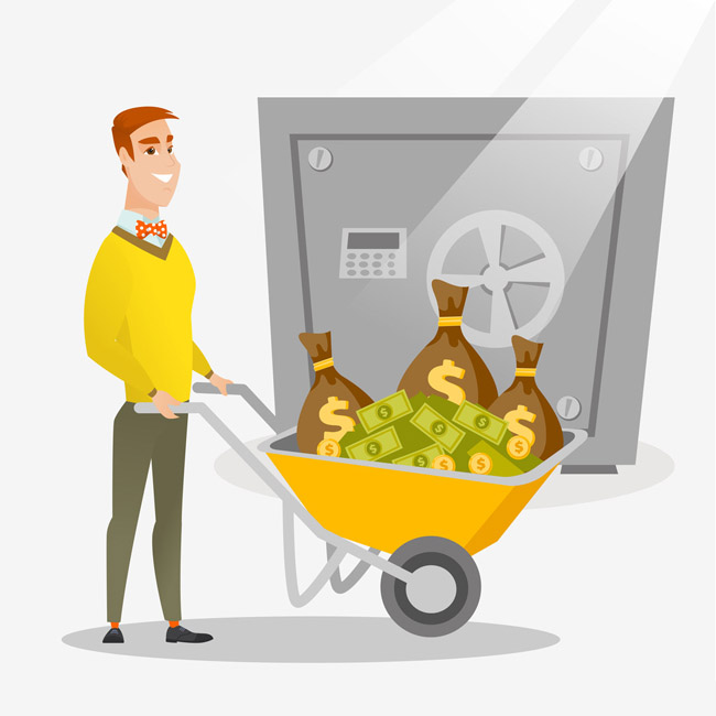卡通商务扁平人物推着金钱金融元素的创意设计 卡通商务扁平人物推着金钱金融元素的创意设计