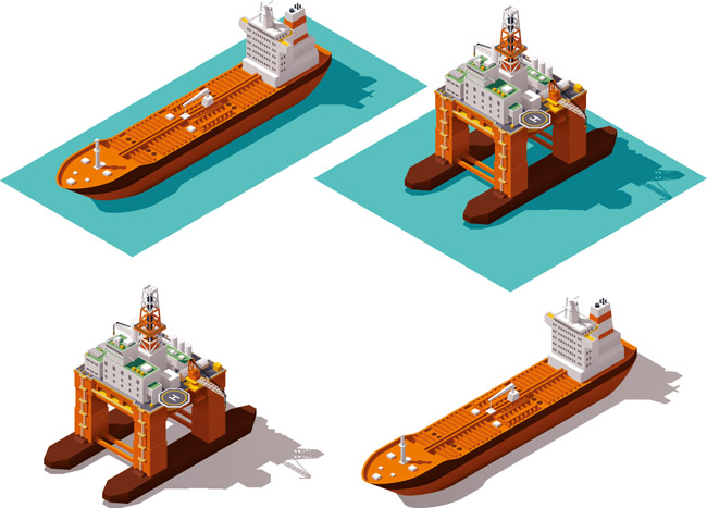 等距模型油轮及码头的设计矢量素材