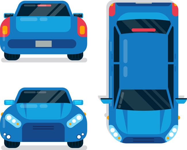 扁平化蓝色车辆多视角造型设计矢量素材