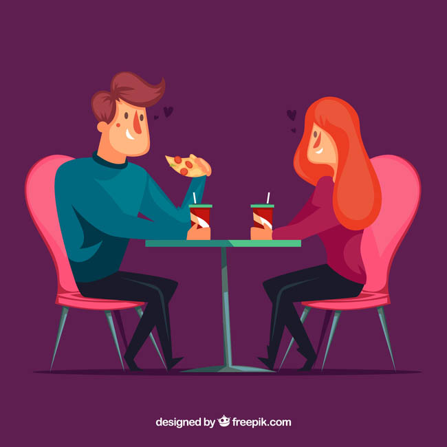 浪漫背景下的情侣在一起吃披萨的场景设计
