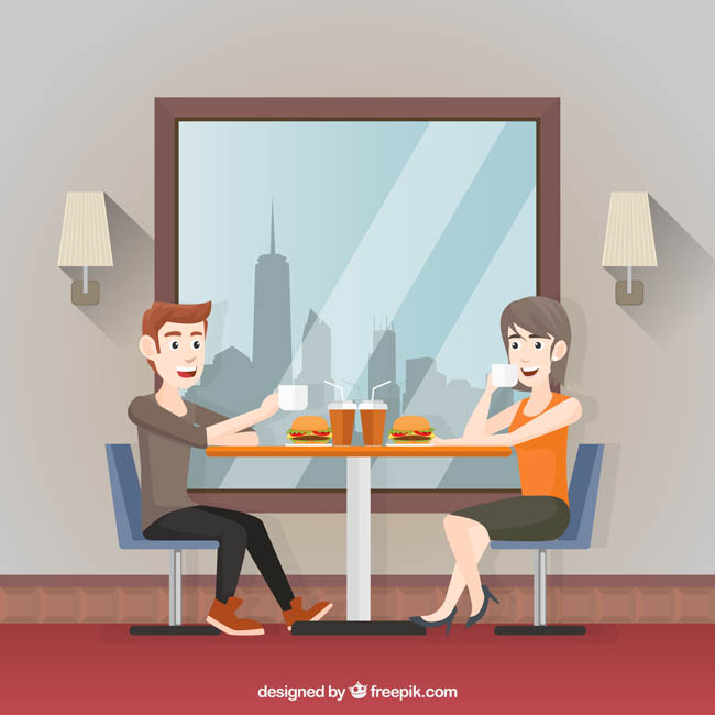 在一吃汉堡可乐的扁平化年轻男女形象设计 在一吃汉堡可乐的扁平化年轻男女形象设计