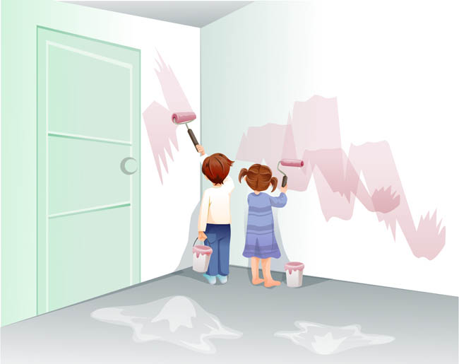 卡通动漫儿童正在粉刷墙面的动作设计矢量素材