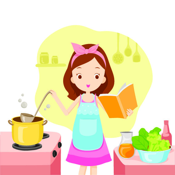 正在学做饭的扁平化卡通美女形象设计素材 正在学做饭的扁平化卡通美女形象设计素材