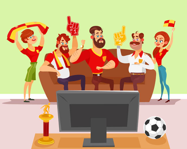 一群朋友在一起看世界杯的卡通动漫人物