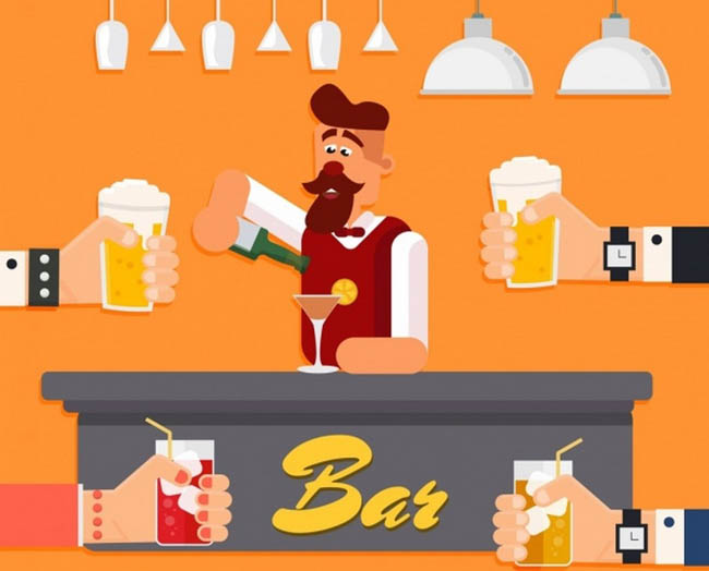 酒吧水吧正在调酒的调酒师卡通形象设计