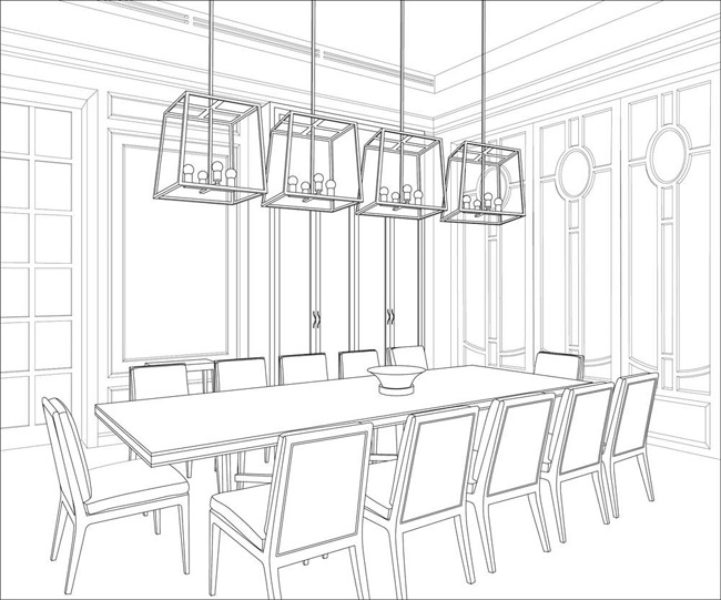 黑白线条风格的大型会议桌场景设计