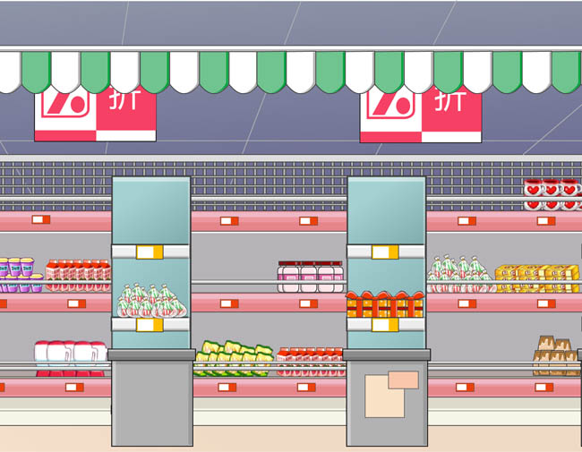 大型超市的食品货架摆设场景设计矢量素材 大型超市的食品货架摆设场景设计矢量素材