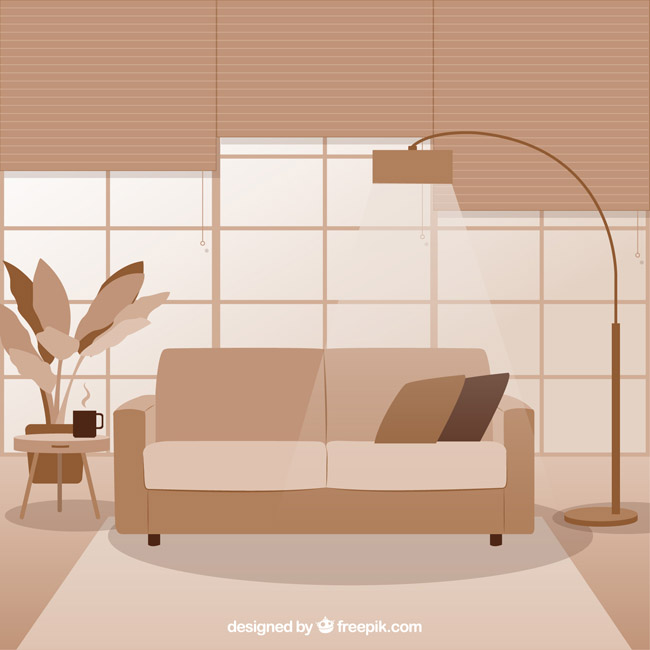 棕黄色调的室内沙发灯具摆设场景设计素材