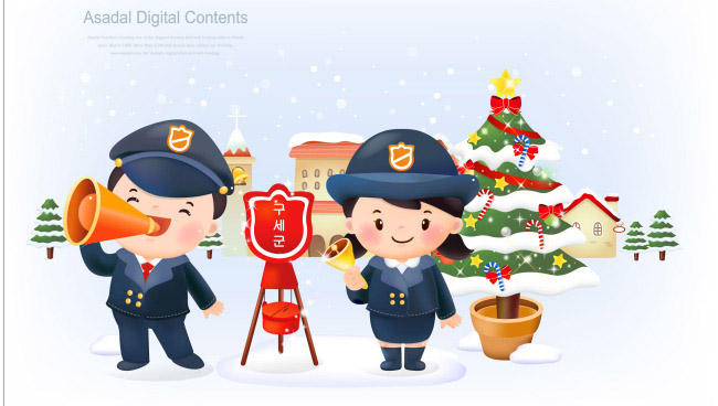 圣诞主题背景上的警察卡通动漫形象各种动作设计