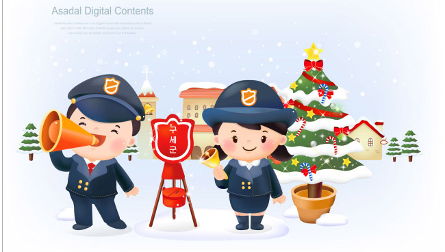 圣诞主题背景上的警察卡通动漫形象各种动作设计 圣诞主题背景上的警察卡通动漫形象各种动作设计