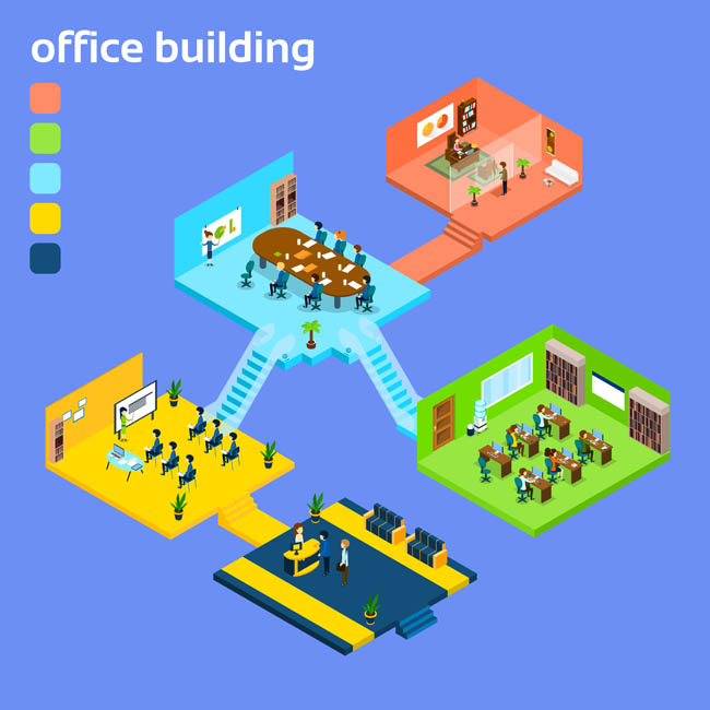 不同颜色的办公区域场景立体模型设计素材