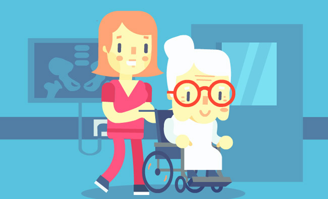 推着轮椅上老奶奶去医院的动作MG扁平化人物动画