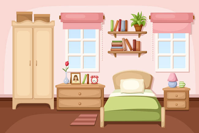 手绘二维温馨的女孩子卧室场景设计矢量素材