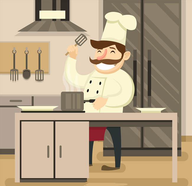 厨房煎煮中的厨师卡通动漫形象设计
