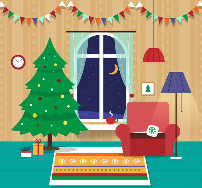 客厅装修扁平化圣诞主题元素背景设计矢量素材